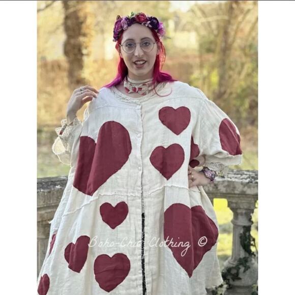 Magnolia Pearl Kimi Koat in Love ❤️ Linen Heart Appliqué Jacket, One Size, Rare - Picture 2 of 14